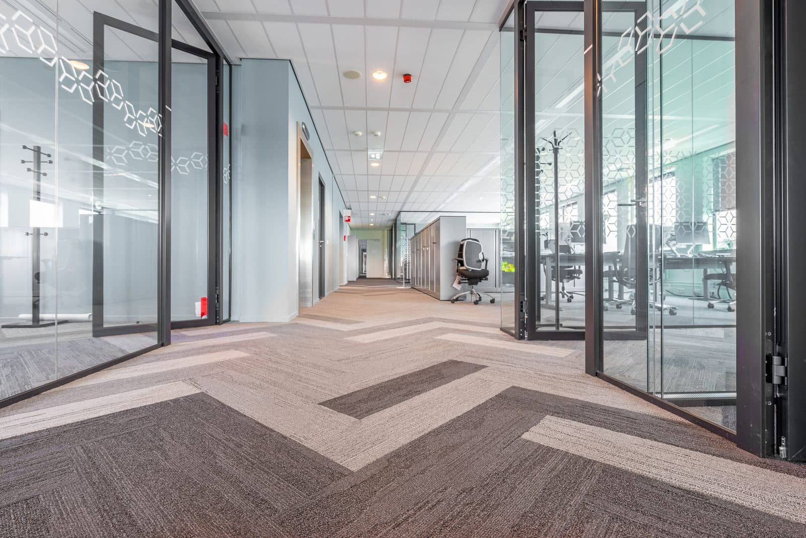 A modern office corridor lined with glass-walled meeting rooms and workstations
