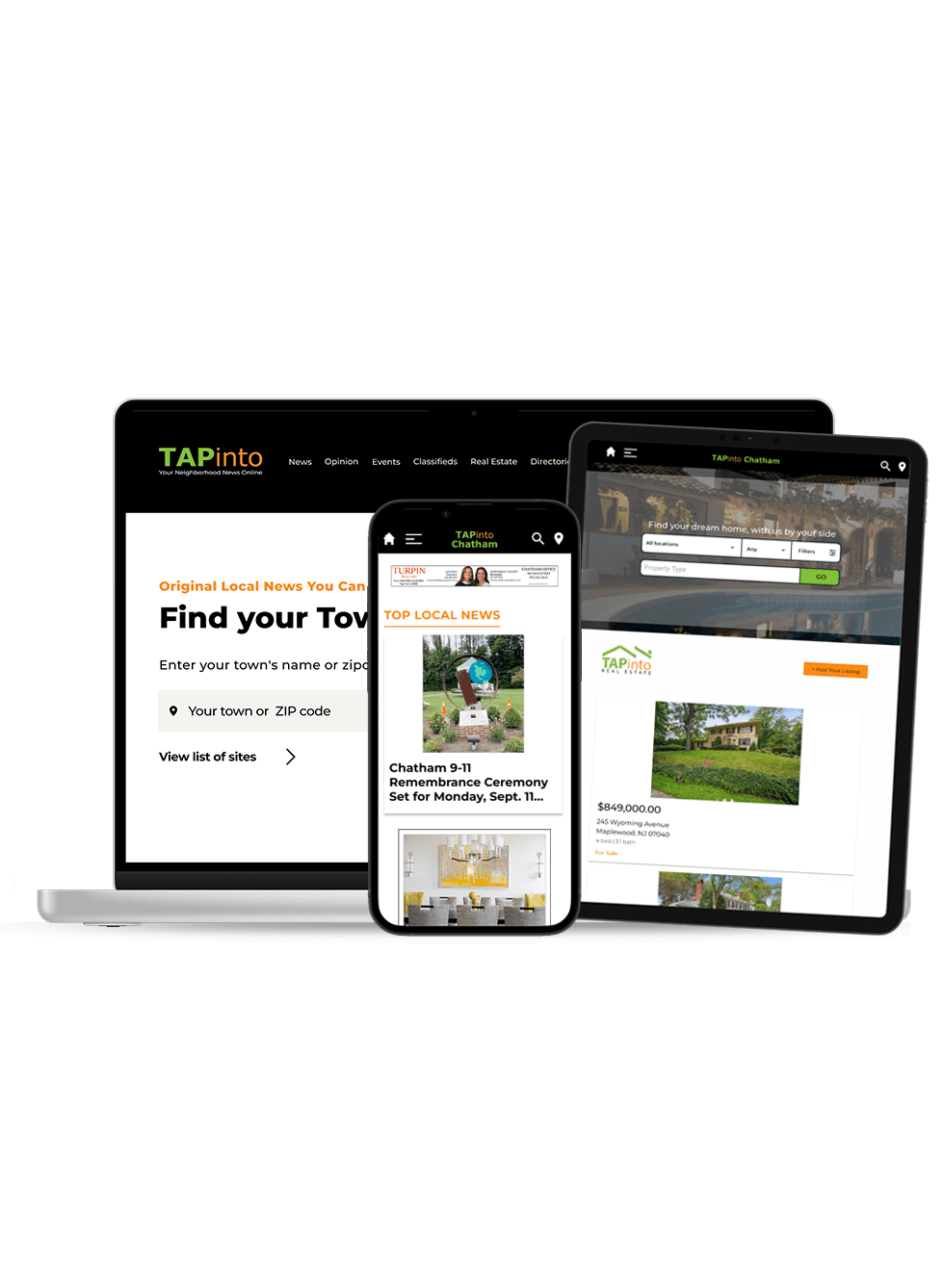 Franchise-grade delivery: TAPinto local sites rendered consistently on desktop, tablet, and phone