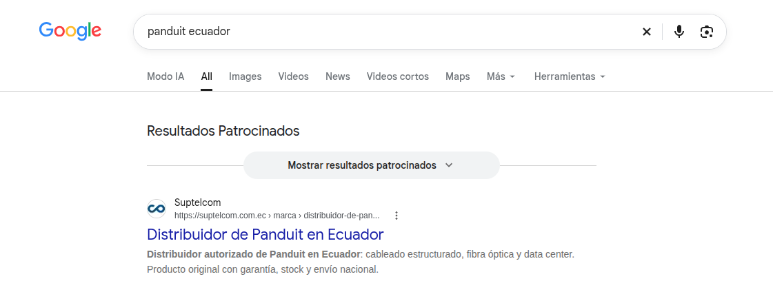 Google results for "panduit ecuador": Suptelcom's page "Distribuidor de Panduit en Ecuador" is the first organic result