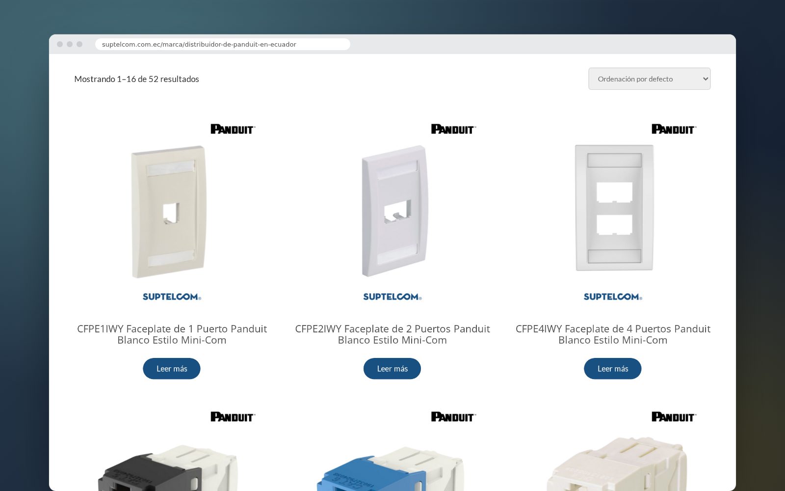 Suptelcom's Panduit catalog in a desktop browser: product photos, part numbers, and a sort menu