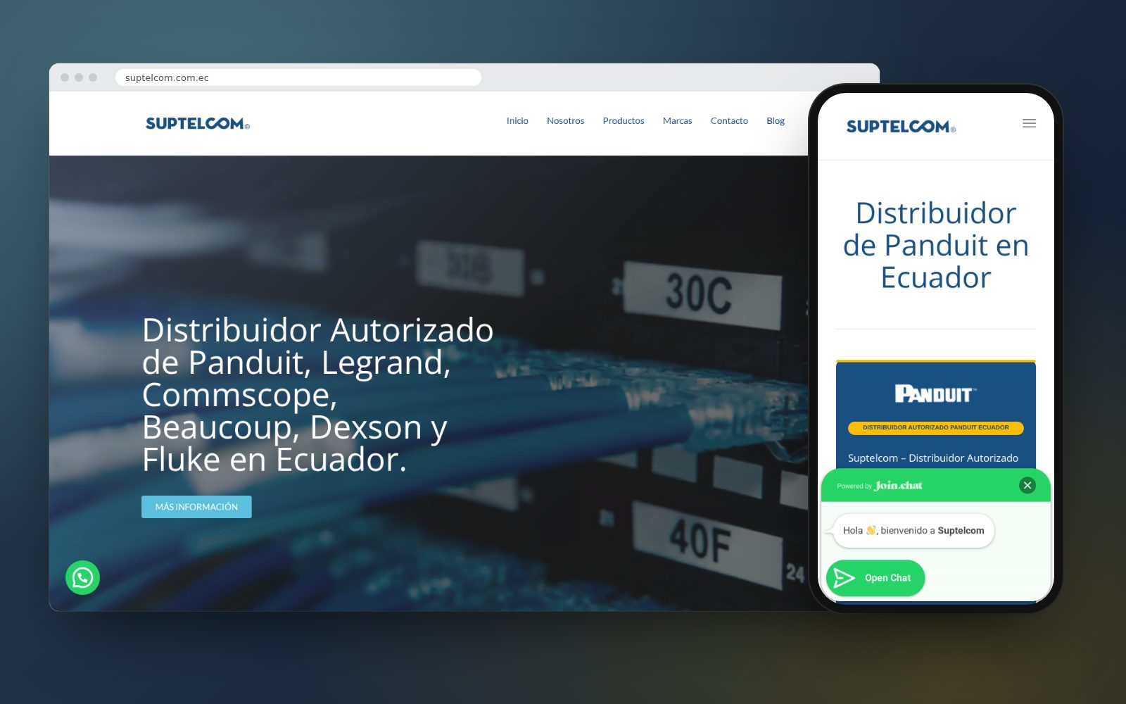 Suptelcom's website in a desktop browser and on a phone, with the WhatsApp chat open on the phone